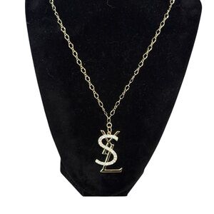 YSL Upcycled Stamped Gold Pendant Necklace with Crystal Accents